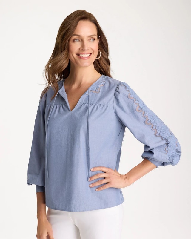 Chambray Lace Tie-Front Blouse - image 1